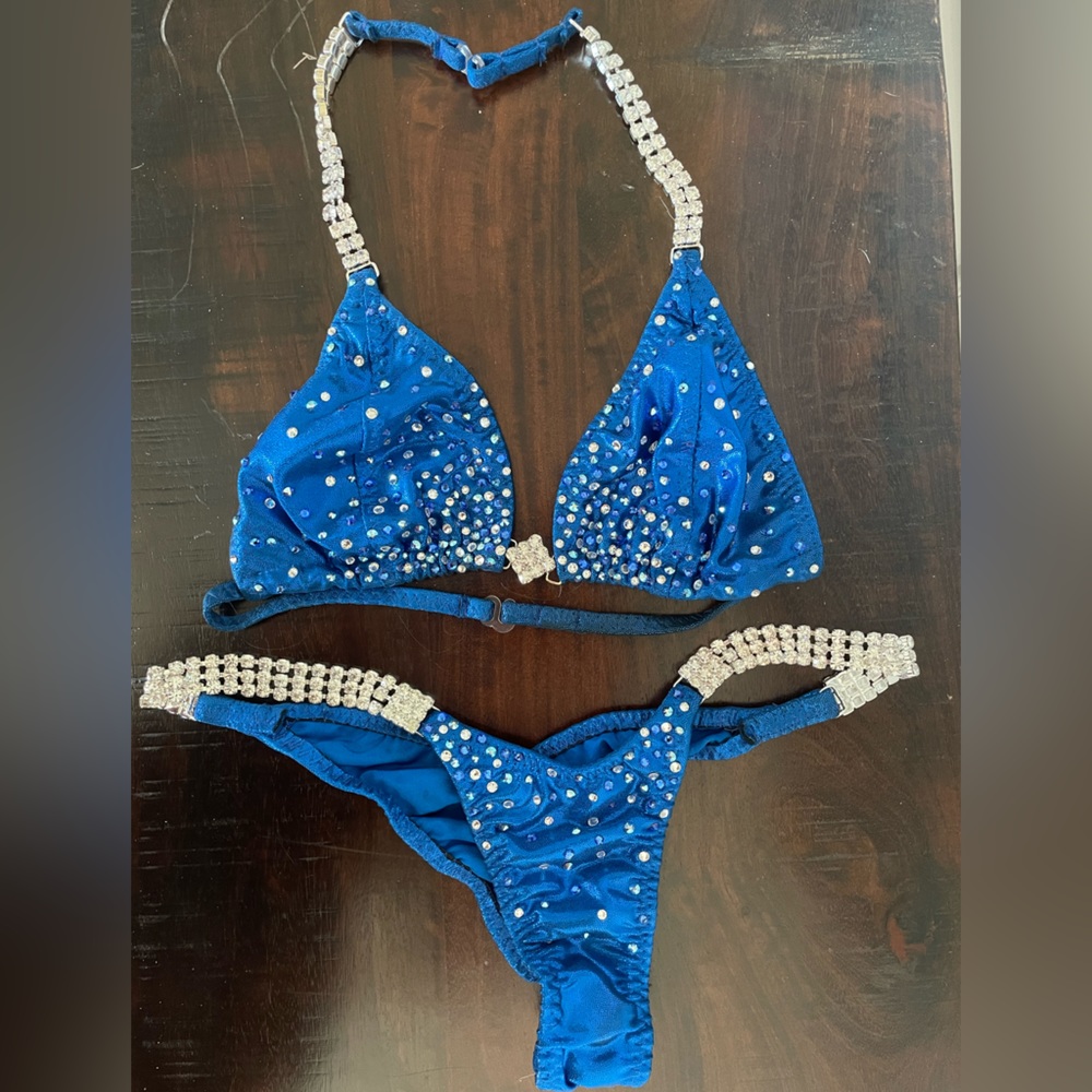 Handmade bikini competition suit by Maggie Suits in NH,blue and clear Swarovski.